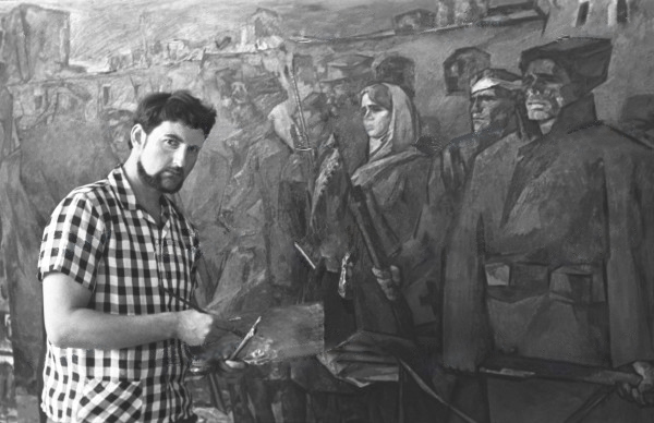 Artist Turansky Alexander, near his painting Arsenaltsy. The last battle was 1918. Photo from 1966