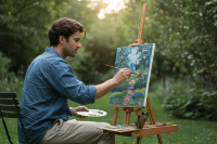 Художник пишет картину маслом на пленэре в саду