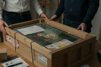 Упаковка картины в деревянный ящик с маркировкой «Хрупкое»