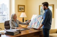 Artist handing over a painting to a collector in an office
