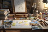 Artist’s workspace with photo archives, materials and shipment planning for artworks