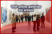 Современная художественная галерея с посетителями и картинами на стенах — онлайн-платформы для продажи искусства