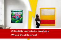 Comparison of interior and collectible paintings: a vibrant figurative painting and an abstract conceptual piece in a gallery