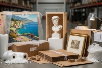 Professional art packing materials in a warehouse: painting, sculpture, frames and shipping crates