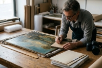 Specialist describing an old painting for export documents