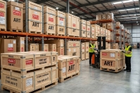 Warehouse with wooden crates for packing and international shipping of paintings and fine art