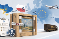 Sealed wooden crate with a painting on a pallet at customs control in Poland
