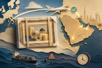 Map of the Gulf states showing air and sea shipping status for artwork
