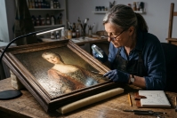 Эксперт осматривает состояние старинной картины с помощью лупы