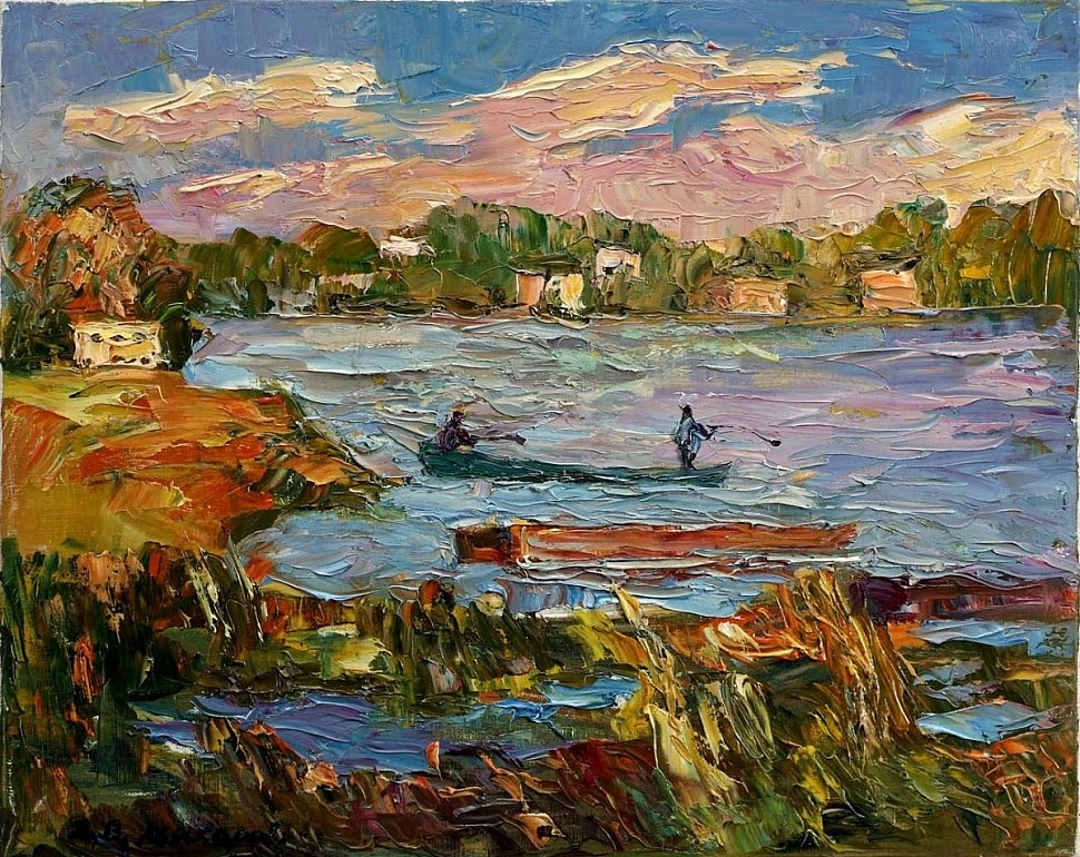 fishermen boat village river expressionism painting artist makarov viktor