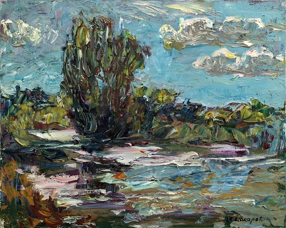 cloudy sky poplar by the river green forest oil painting painter makarov victor