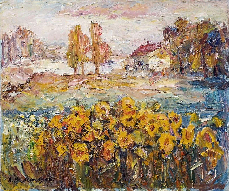 Expressionism oil painting sunflowers field house village field painter Makarov viktor
