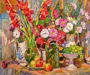 Кокин М.А. Натюрморт с гладиолусами. 2000 годы, 68х68, холст, масло