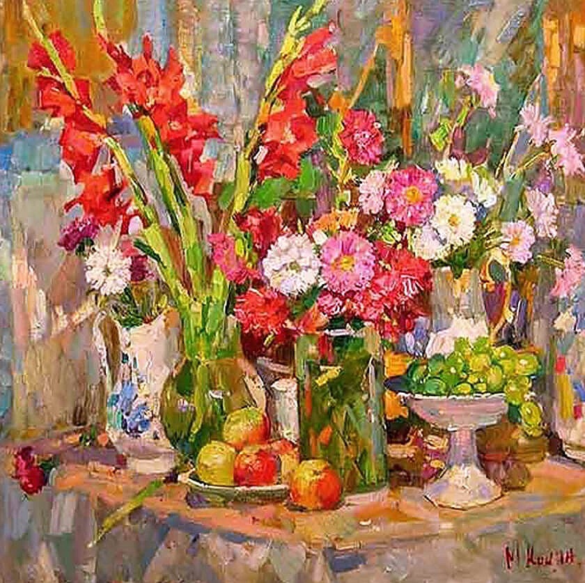 Кокин М.А. Натюрморт с гладиолусами. 2000 годы, 68х68, холст, масло