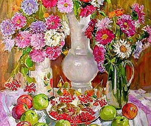 Кокин М.А. Цветы и фрукты, натюрморт. 2000-е, 86х66, холст, масло