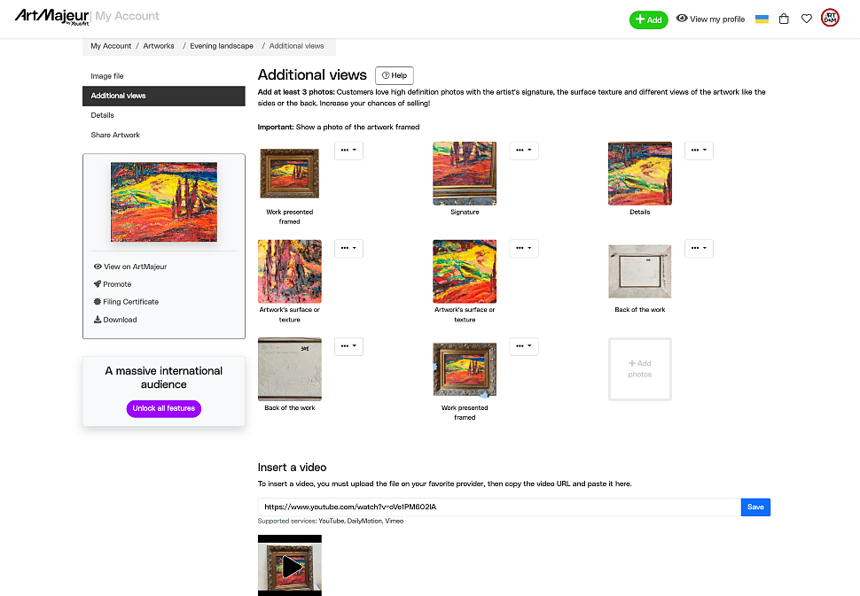 Загрузка фото и видео на Artmajeur