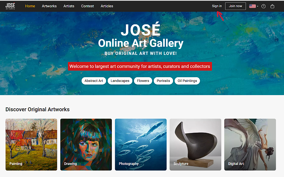 Главная страница Jose Art Gallery – онлайн-галерея для художников со всего мира