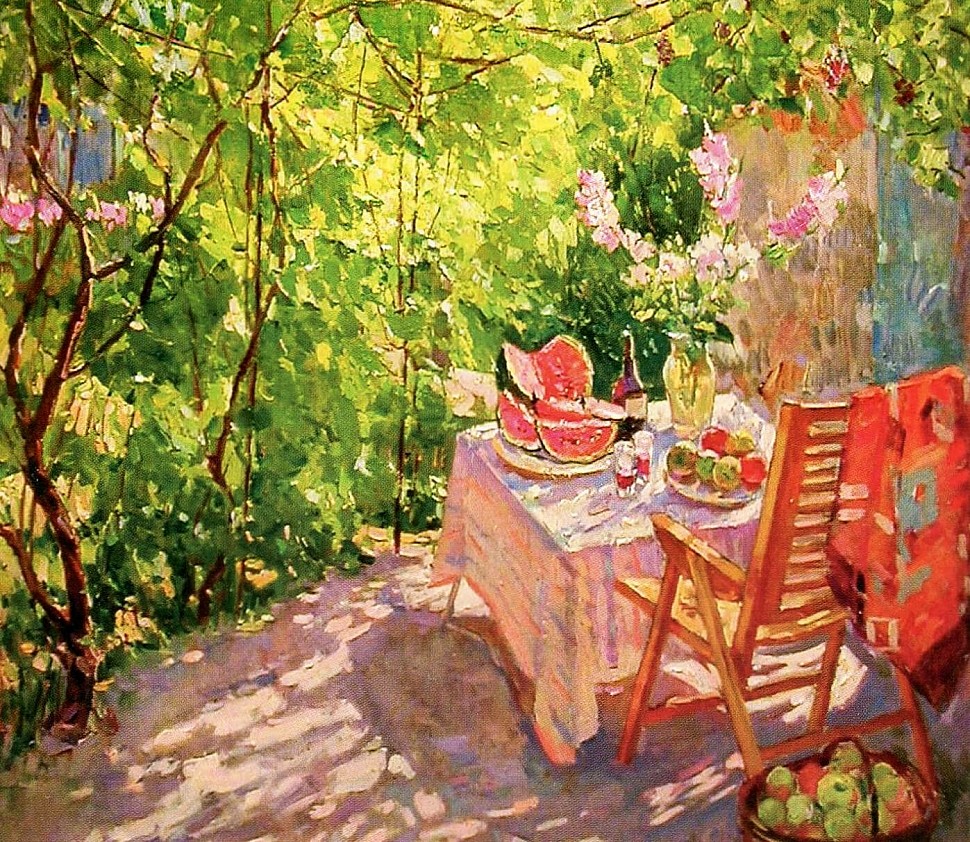 картина маслом, лето, сад цветущий, художник Кокин М.А.