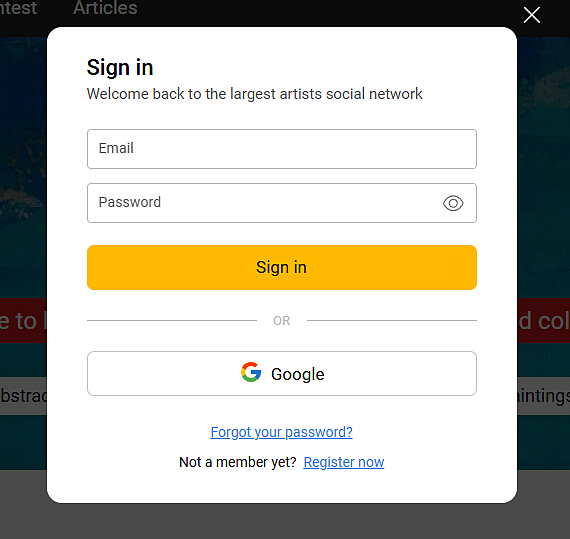 Форма входа и регистрации на Jose Art Gallery – Sign in через email или Google