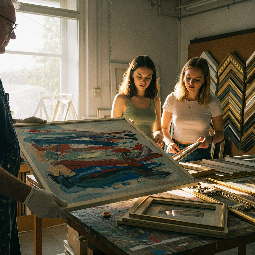 Discussion of options for framing a painting in a framing workshop Choosing a frame for an abstract painting in the studio
