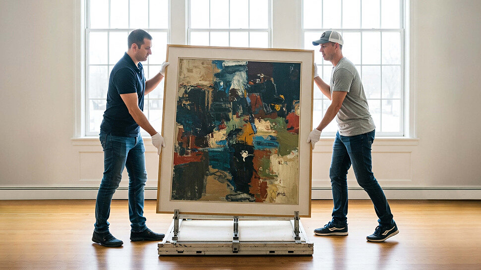 Two men wearing gloves carefully move a framed abstract expressionist painting supported by a transport structure