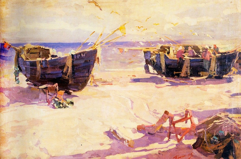 лодки рыбаков, море, пейзаж, картин Кокина Михаила