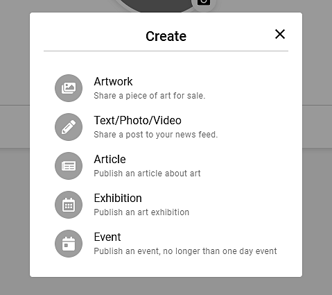 Меню Create на Jose Art Gallery – Artwork, Text/Photo/Video, Article, Exhibition, Event
