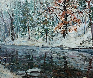 Художник В.П. Словохотов. Зима около Киева, Тетерив, первый снег, 2019. 35 см х 25 см, картон