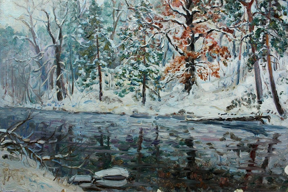 Художник В.П. Словохотов. Зима около Киева, Тетерив, первый снег, 2019. 35 см х 25 см, картон