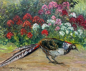 Одна из редких птиц, которая в коллекции у художника - Словохотова Валерия Павловича.
Художник Словохотов В.П. Алмазный молодой фазан среди флоксов, 2018. Размер 35 см х 25 см, картон