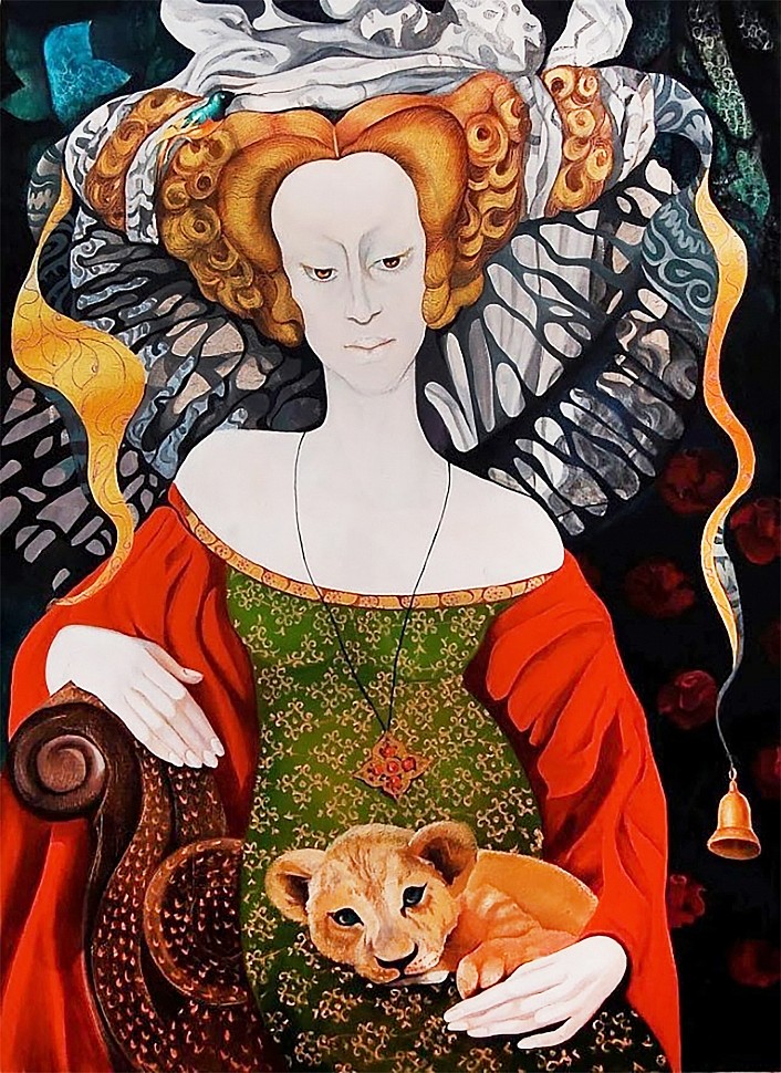 леди женщина тигренок платье рыжая королева биновская картина ady tiger dress ginger queen binovskaya picture