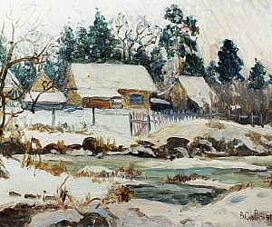 Художник Словохотов В.П. Зима около Киева, Клавдиево, первый снег, 2019. 35 см х 25 см, картон