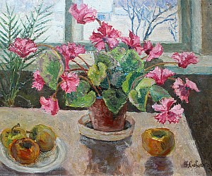 Художник В.П. Словохотов.
Цветы цикламена напротив зимнего окна, 2018.
Размер 35 см х 25 см, картон