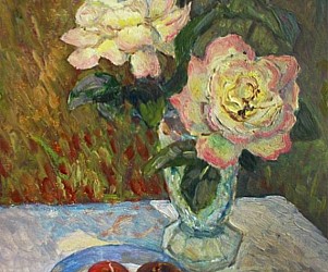 Художник Словохотов В.П. Летние розы в вазе и яблоки, Натюрморт, 2019. 35 см х 24 см, картон