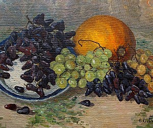 Художник Валерий Павлович Словохотов.
Натюрморт - Виноград и дыня, 1998.
Размер 30 см х 40 см, картон