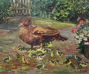 Картина Муксусная утка с утятами. Художник Словохотов В.П., 2019. Размер 32 см х 22 см, картон