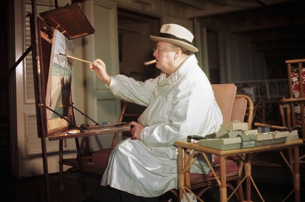 Winston Churchill painting in the studio