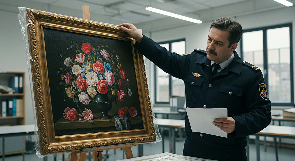 Проверка произведения искусства на таможне: оформление документов и осмотр картины Таможенник проверяет картину в раме перед вывозом