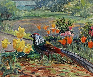 Словохотов Валерий Павлович также коллекционер редких видов птиц.
Художник Словохотов В.П. Алмазный фазан среди тюльпанов, 2018. Размер 35 см х 24 см, картон