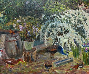 Художник Валерий Павлович Словохотов.
Сирень и спирея и фазан во дворе, 2016.
Размер 40 см х 26 см, картон