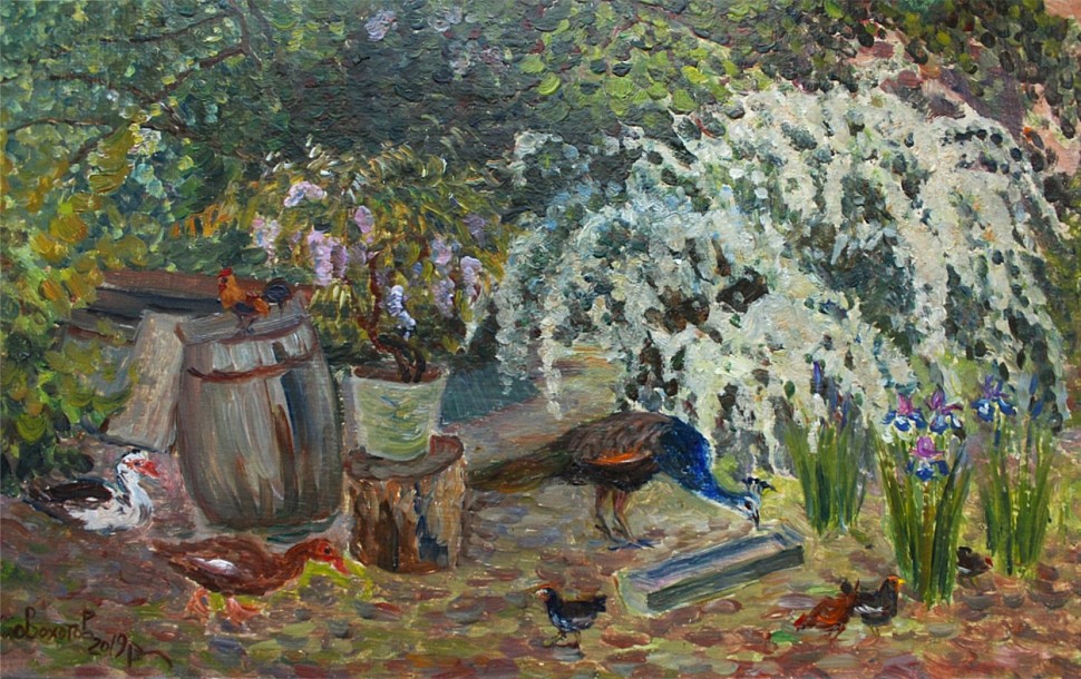 Картина - Сирень, спирея и фазан во дворе. 2016. 40 см х 26 см, картон