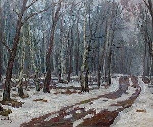 Художник Валерий Павлович Словохотов.
Проталины снега в лесу под Клавдиево около Киева, 1995.
Размер 35 см х 25 см, картон