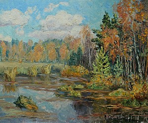 Художник Валерий Павлович Словохотов.
Солнечный пейзаж, Золотая осень под Клавдиево около Киева, 2013.
Размер 33 см х 25 см, картон