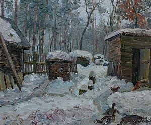 Художник Валерий Павлович Словохотов.
Во дворе дома художника под Клавдиево около Киева, 2010.
Размер 24 см х 25 см, картон