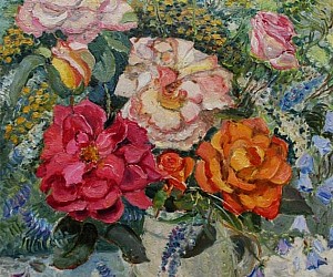 Художник Валерий Павлович Словохотов.
Букет роз и летних цветов, 2009.
Размер 30 см х 25 см, картон