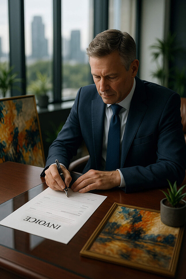 signing an invoice for the sale of a painting in a gallery signing an invoice for the sale of a painting in a gallery