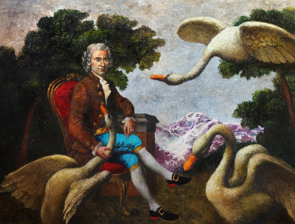 Painting Jean-Jacques Rousseau in Primitive Bliss, artist Alexander Roitburd