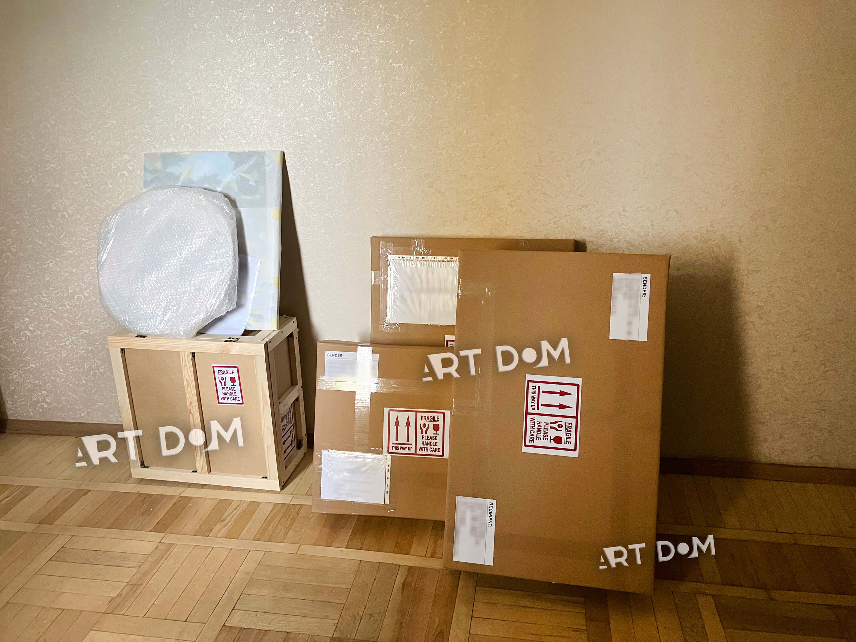 packaging of paintings and sculptures for international mailing