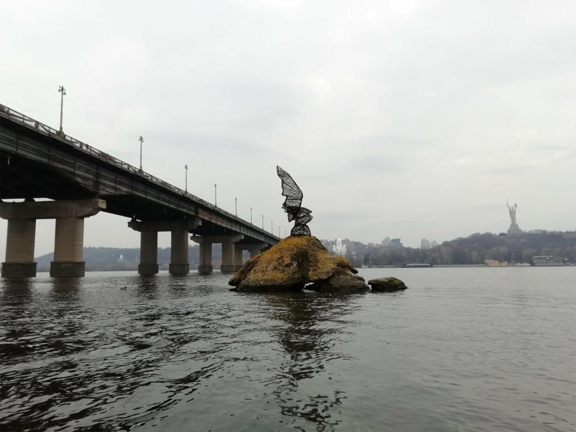 Редкая птица, скульптура на реке, Днепр, Киев, Владимиров Алексей