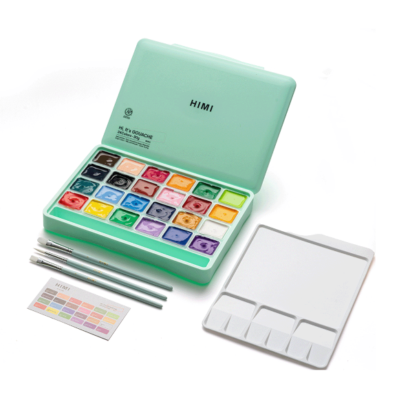 Набор красок гуашевых HIMI Jelly Cup 24x30 мл, 3 кисти, зеленый пластиковый пенал